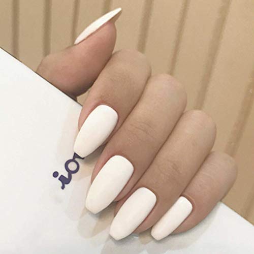 24 Pcs Fake Nails Matte Coffin Nails White Full Cover Ballerina Nail Art Medium False Gel Nails Tips Sets for Women Teens Girls (White)