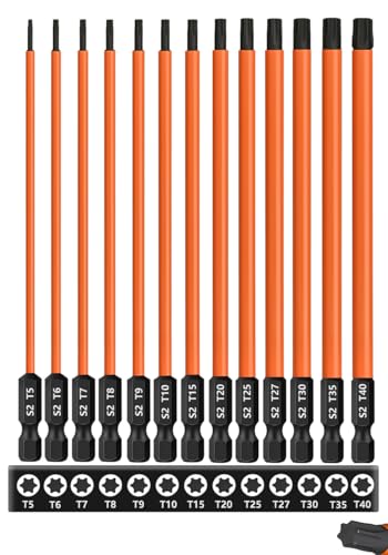 Saipor Juego de 13 brocas Torx de 150 mm de largo para destornillador de impacto, juego de brocas de estrella de acero S2 (T5-T40), broca Torx magnética de vástago hexagonal de 1/4 pulgadas, juego de