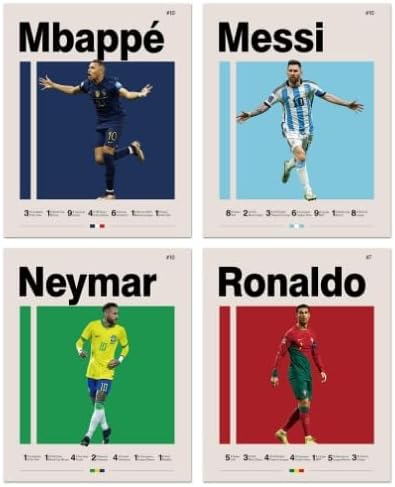 ZIENVE Football Superstar Poster, Set of 4 Sports Wall Art Ronaldo, Messi, Neymar and Mbape Poster Prints Soccer Posters for Room Decor Unframed, 20x25cm