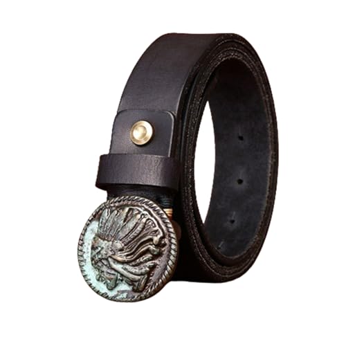 Distressed Belt for Men Women,3.3cm Full Grain Real Solid Leather Strap Engraved Native Indian Head Round Buckle(110cm/43, Black)