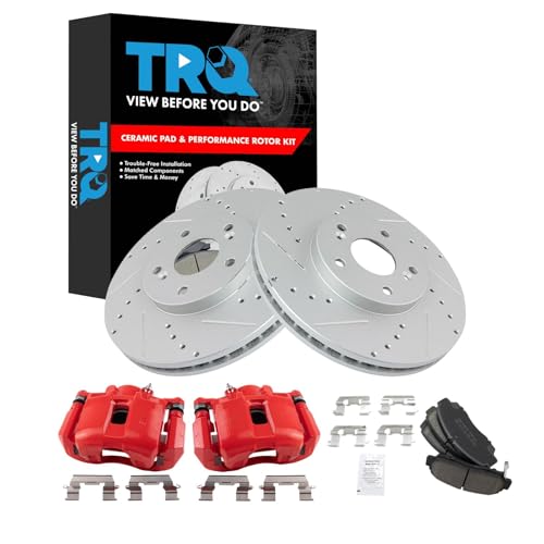 Image of TRQ Performance Front Brake Pad and Rotor Set Ceramic Coated Drilled | For 2001-2003 Acura CL 1999-2008 TL 2003-2009 Honda Accord