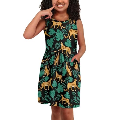 Girls Dress Sleeveless Crewneck A-line Dress Swing Flared Casual Party Dress with Pockets4