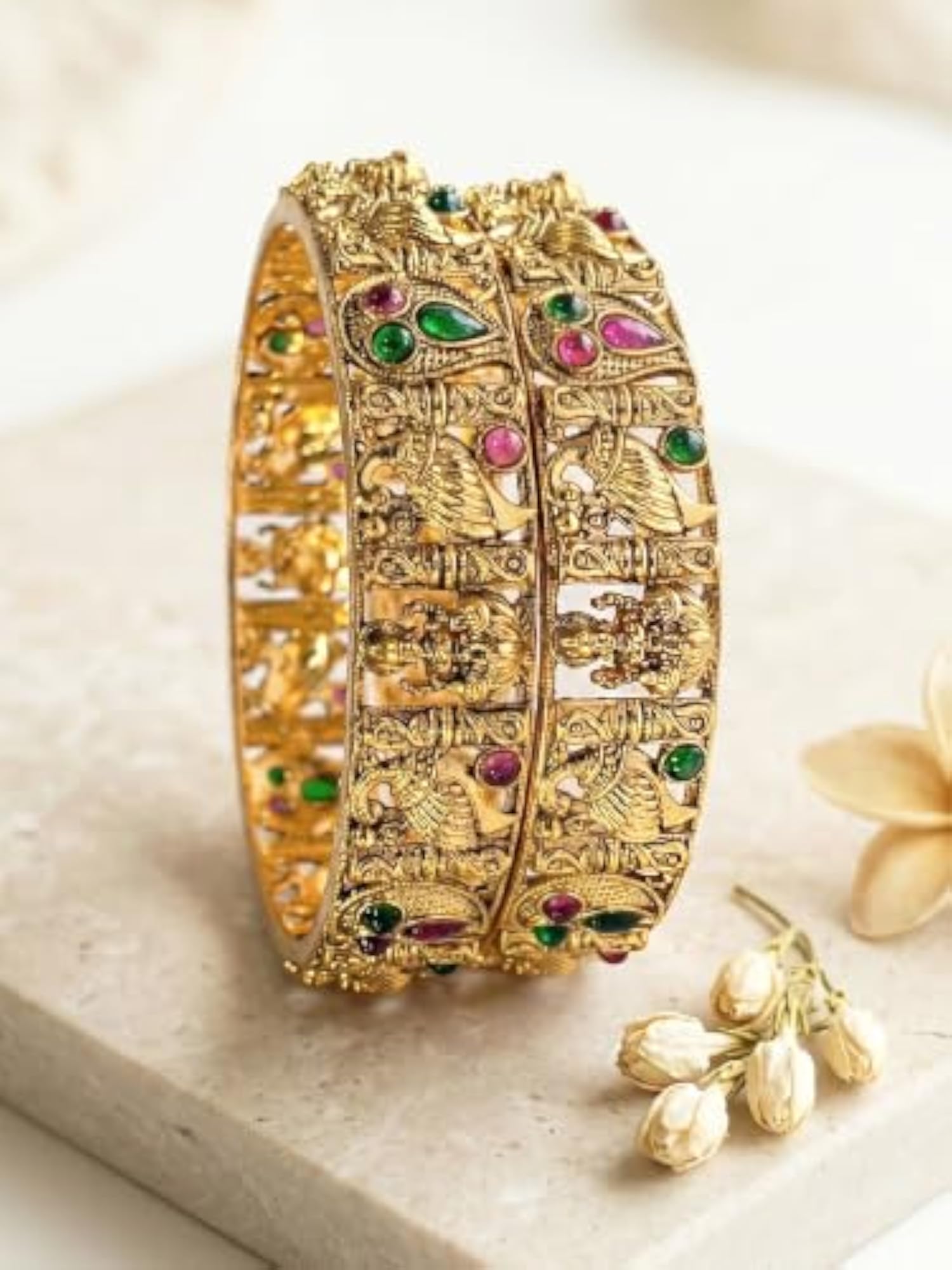 Women's Traditional Gold-Plated Temple Red Green Stone Bangles