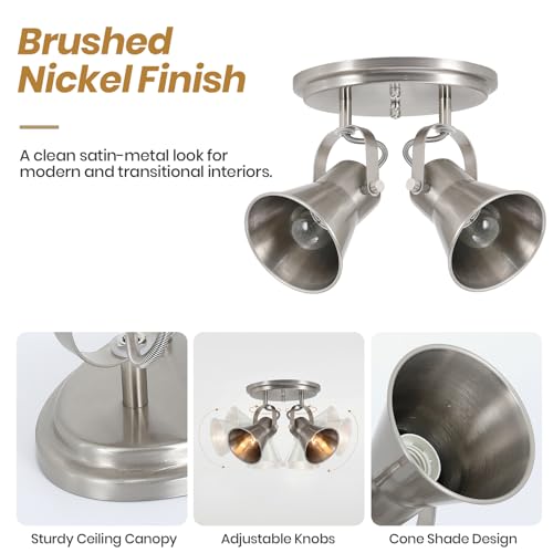 Image of Nickel Kitchen Ceiling Light Fixture, 2-Light Adjustable Track Lighting, Modern Flush Mount Directional Light for Hallway, Bathroom, Dining Room