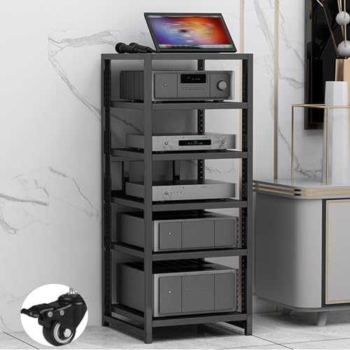 Soportes de altavoz Estantería de audio y video, soporte para medios audiovisuales con ruedas, gabinete estéreo, estante para consola de juegos, soporte para DVD de 3/4/5/6 niveles, torre con estante