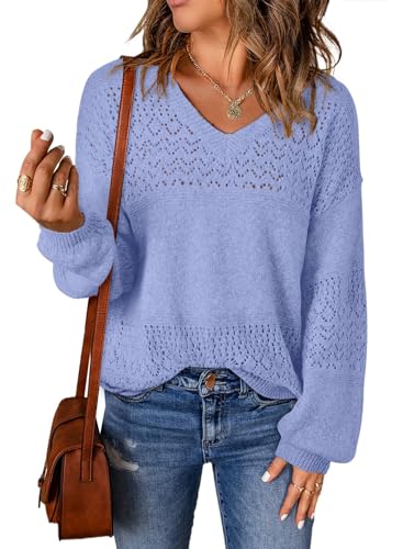 Image of SHEWIN Women's Sweaters Casual Long Sleeve V Neck Crewneck Lightweight Crochet Pullover Sweater Tops