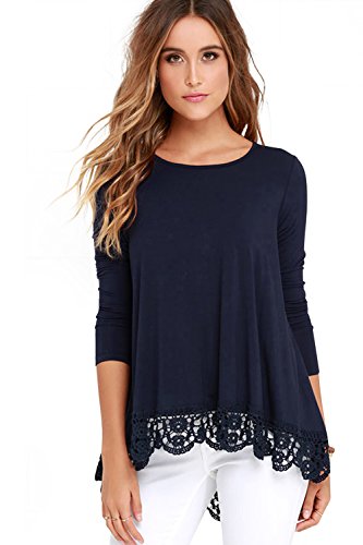 FISOUL Women's Tops Long Sleeve Lace Trim O-Neck A-Line Tunic Tops Large Navy Blue