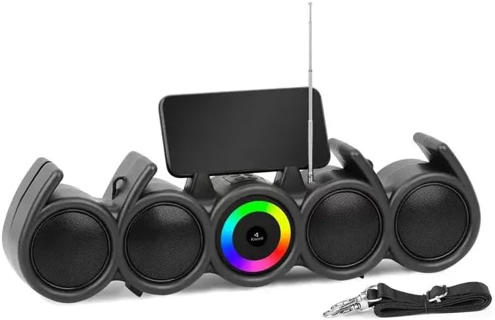 Front view of Kisonli LED-918 RGB Soundbar Speaker with a smartphone in the integrated holder, RGB light ring, and an attached carrying strap.