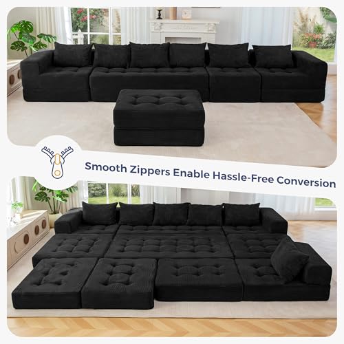 Image of MAXYOYO Modular Sectional Sofa Couch, Foldable U Shaped Cloud Couch with Pillows, Tufted 7-Seat Boneless Lounger Floor Sofa Bed for Living Room, No Assembly Required, Black