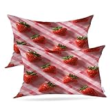 Batmerry Erdbeeren-Picknickdecke, Überwurf-Kissenbezüge, rote Erdbeeren auf karierten Kissenbezügen, Digitaldruck, Mischgewebe für Couch, Sofa, Bett, unsichtbarer Reißverschluss, 30,5 x 50,8 cm, 2