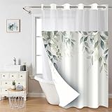 Planially No Hooks Shower Curtain with Snap in Liner, 72W*74L No Hook Shower Curtain and Liner Set, Hotel Style with See Through Top Window, Fabric Outer Curtain - Waterproof Inner, Leaves
