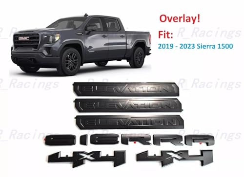 Image of 6Pcs Sierra Elevation 4x4 Emblem 3D Rear Tailgate Door Badge Nameplate Letter Sticker Decal Replacement for 2019-2022 Sierra 1500 2500HD 3500HD (Overlay Emblem Matte Black)