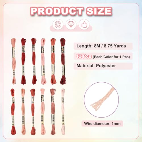 Image of PATIKIL 12 Skeins Embroidery Floss Polyester Embroidery Threads Bracelets String for Cross-Stitch Hand Embroidery, Light Red