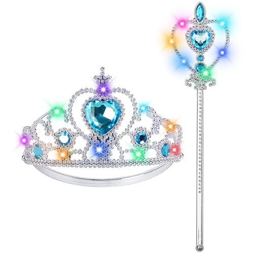 Princess Crown Tiara for Little Girls Princess Dress Up Accessories, Light Up Toddler Tiara Wand Toy Gifts for 3-6 Girl (Blue)