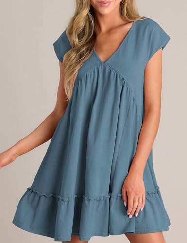 Image of APAFES Women's Summer Dress A Line V-Neck Ruffle Hem Sundress Flowy Swing Mini Dress with Pockets