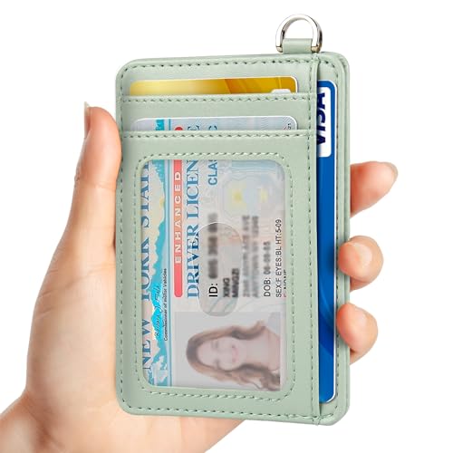 Image of Slim Minimalist Front Pocket Wallet, RFID Blocking Credit Card Holder Wallet with Detachable D-Shackle for Men Women, Cowhide Matcha Green, small, Minimalist