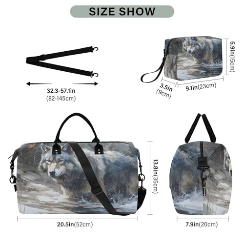 Duffel Bag Set for Travel Gym Sport, Weekender Bag Carry on Overnight Bag for Women Men-River Wolf Print3