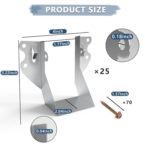Image of 25 pcs 2x4 Joist Hangers with Screws, Galvanized Face Mount Hurricane Tie | 20-Gauge Steel Rafter Ties Clips, for Wood Posts Floor Deck Ceiling Trusses, Lumber Beam Connectors