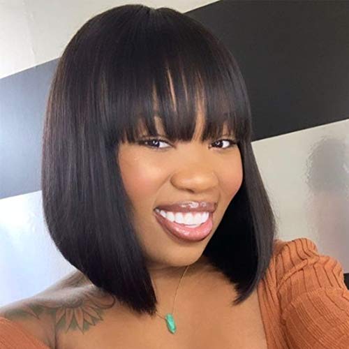 Amanda 10 inch Short Bob Human Hair Wigs with Bangs Brazilian Virgin Human Hair Straight Bob Wigs 130% Density Glueless Machine Made Wigs Human Hair Wigs for Women