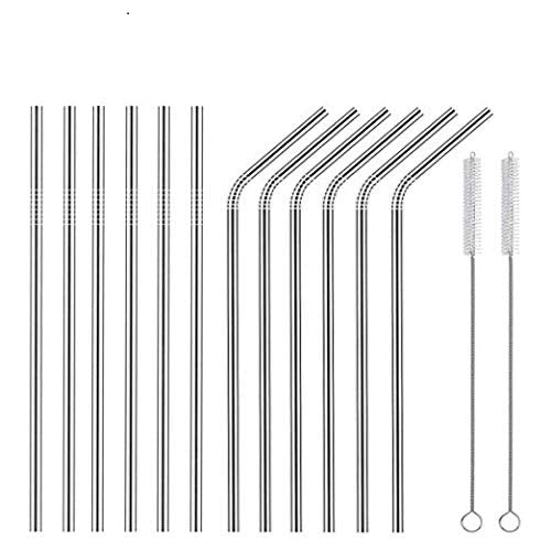 Image of Expresso Set of 12 Reusable Stainless Steel BPA-Free Metal Dishwasher Safe Drinking Straws and 2 Cleaning Brushes, 10.5-inch (6 Straight, 6 Bend)