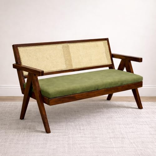 Image of Sainistree Furniture | Solid Sheesham Wood Rattan Armchair | Teak Brown Finish, Cane Back & Geen Upholstery | Mid-Century Modern Accent Chair for Living /Dining Room (2 Seater Bench)