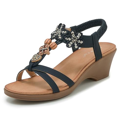Sandales compensées Acfoda noir en taille 37.5 avec talon moyen et style bohème d'été