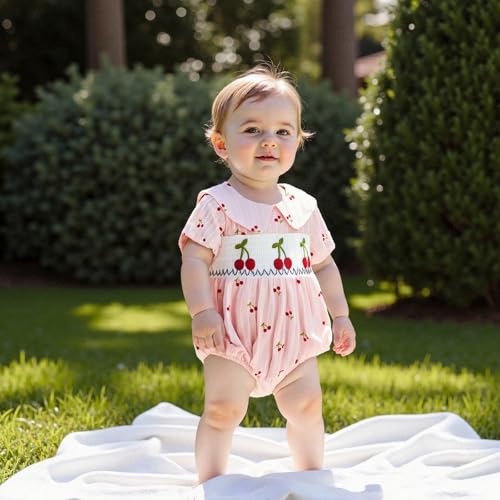 Emmababy Cherry Outfit Baby Girl Smocked Bubble Romper Cherry Ruffle Bodysuit Infant Fruit Outfit Newborn Summer Jumpsuit2