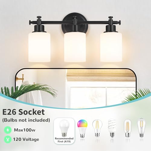 Image of 3-Light Black Bathroom Light Fixtures, Modern Vanity Lights Over Mirror, Bathroom Wall Sconces with White Glass Shade, E26 Socket, 15.75 inch Compact Vanity Light Fixtures