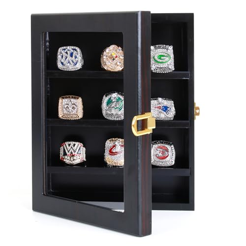 RECHIATO Championship Ring Display Case Baseball Ring Display Wooden Box Display Case for Sports Rings (9 Holes, Red)