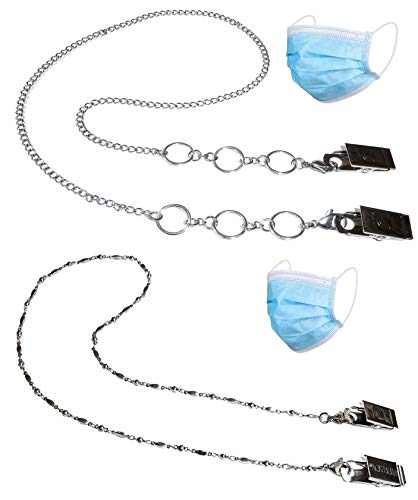 Face Mask Holder Stylish With Clips Women Girls Made in USA Safe Comfortable Decorative Lanyard Strap Necklace Jewelry Chain (Double Pack - Stainless Steel & Jewelry Style)