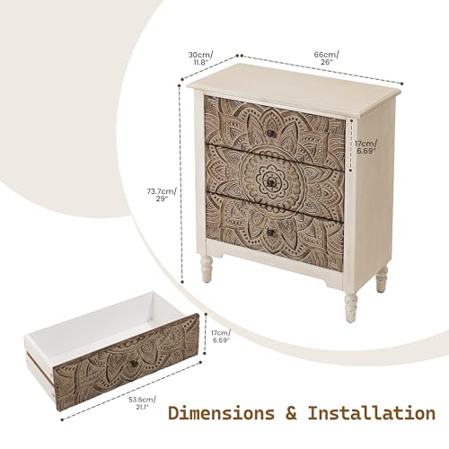 Image of SUNBURY Vintage Wooden Nightstand with 3 Drawers, Wood Accent Table, Elegant Bedside Table Dresser for Bedroom, Living Room (Lotus)