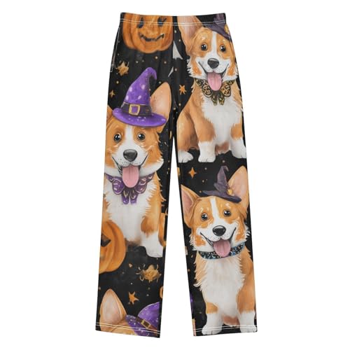 Corgi Dog Halloween Pumkin Boys Long Pants Soft Trousers Elastic Waist Kids Lounge Bottoms with Pockets S-XL
