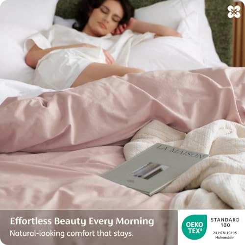 Image of Bedsure PureWoven 100% Washed Cotton Duvet Cover Only, Queen, Petal Pink | 1 Duvet Cover, No Pillow Shams, Linen Like Textured, Lightweight & Breathable for All Seasons, Zipper Closure, 8 Corner Ties