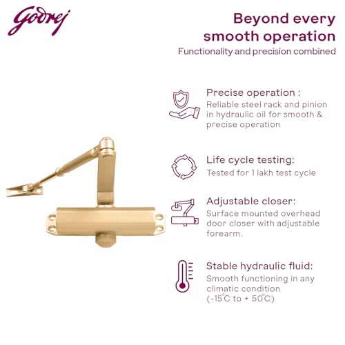 Image of Godrej Door Closer | Cerus Universal Door Closer I Gold Finish | Max Door Weight: 85kg | Max Door Width: 1250mm | 180 Opening Angle | Adjustable Closing Speed|3 Years Warranty