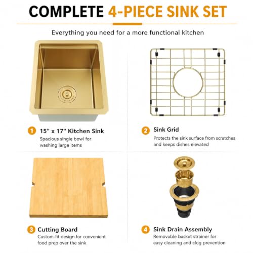 Image of Gold Bar Sink, 15 inch x 17 inch Stainless Steel Undermount Sink