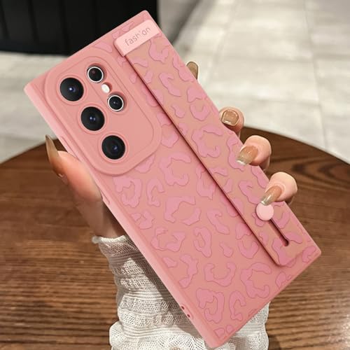 Image of Compatible with Samsung Galaxy S23 Ultra Case with Strap Wrist Pink | Cheetah Print Shockproof Soft TPU Protective Cover for Women Girls, Slim Anti Scratch Case 6.8 Inch, Pink