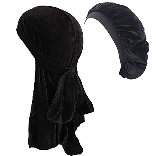 Durags and Bonnets 2pcs Set for Men Women, Long Tail Velvet Doo rag and Turban Sleep Cap