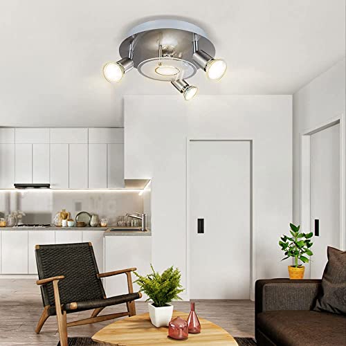 Dllt Modern Ceiling Spot Lights Fixtures 4-Light Round Flush Mount Directional Lighting, Adjustable Track Lighting Kits For Kitchen Hallway Living Room, Warm White Gu10 Bulbs Included, Nickel Steel #TOP4