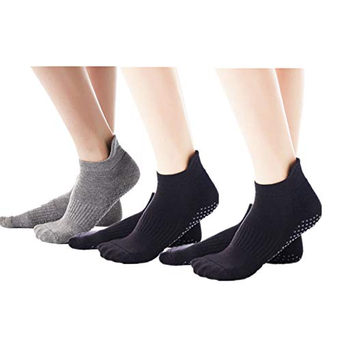 Win.Deeper Women Professional Yoga Socks Non Slip Yoga Socks Anti-skid Pilates Barre Bikram Studio Socks (2 Black+1Grey)