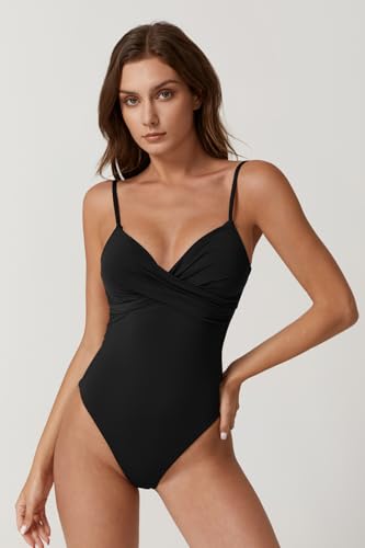 ESONALR Sexy One Piece Swimsuit for Women Adjustable Spaghetti Strap Cross Over Neckline High Leg Bathing Suits4