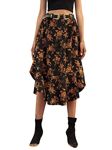 Shein Women's Floral Print Button Front Ruffle Hem High Waist A Line Midi Skirts Black Floral Large #TOP2