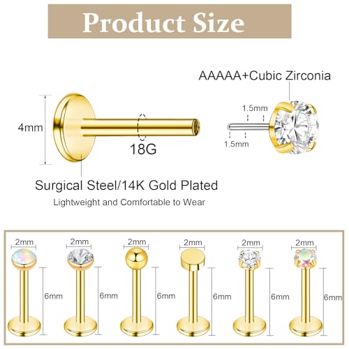 ONESING 16G 18G 20G Flat Back Nose Studs 14K Gold Threadless Flat Back Earrings Hypoallergenic Stainless Steel Nose Rings Studs Cartilage Earrings Tragus Helix Labret Lip Conch Push in Stud Earring for Women Men2