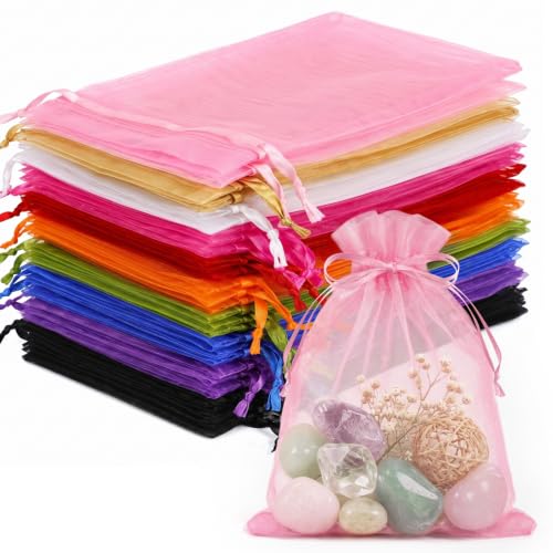 Image of FUNFERY 100PCS Mix Color Organza Bags 3x4 in, Drawstring Pouch for Jewelry | Small Mesh Gift Bag with Drawstring, Little Mesh Goodie Bags for Wedding Party Favor Treats, Sachet Bag for Gifts Shower
