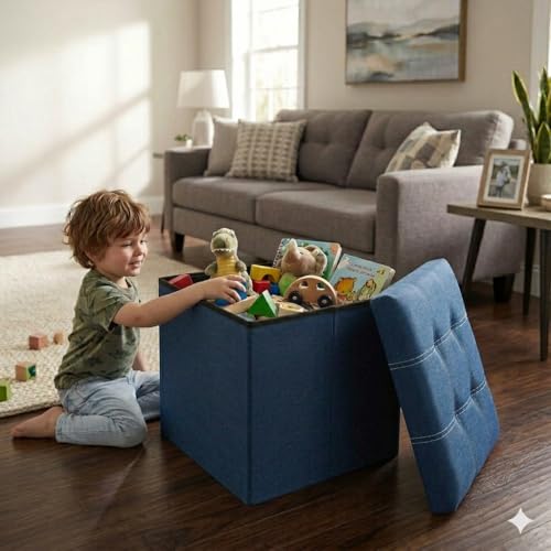 Image of HROY Folding Storage Ottoman, Fabric Linen Footrest Stool for Laundry, Storage Space, End of Bed Seat, Toys Storage Organizer Bin Box with Lidded Cover(38cm x 38cm x 38cm) (Blue, Square)