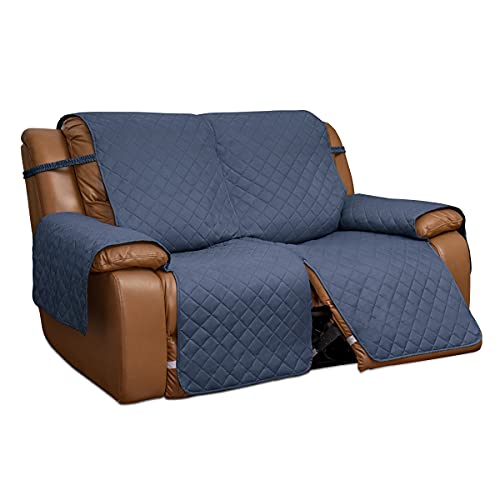 Easy-Going Loveseat Recliner Cover, Reversible Couch Cover for Double Recliner, Split Sofa Cover for Each Seat, Furniture Protector with Elastic Straps for Kids, Dogs(2 Seater, Dark Blue/Light Blue)