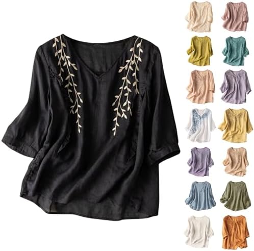 Linen Tops for Women Peasant Shirts Bohemian 3/4 Sleeve Embroidered Blouses Mexican Gauze Tunic Shirt Boho Clothes