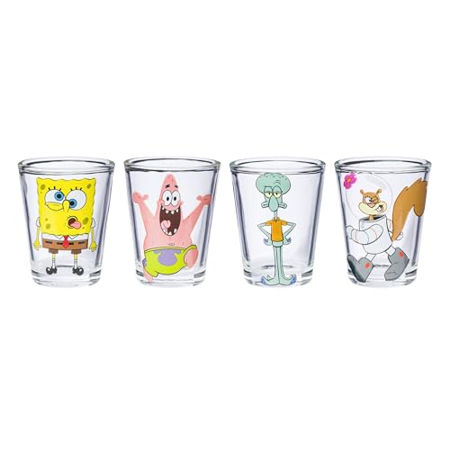 Image of Silver Buffalo SpongeBob SquarePants 4 Piece Mini Glass Set Featuring Patrick Star, SpongeBob SquarePants, Squidward, and Sandy Cheeks, 1.5 Ounces