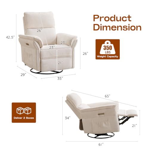 Image of Swivel Rocker Recliner with Auto Rocking,Power Recliner Nursery Chair with Massage and Heat,Glider Recliner Nursery Chair for Living Room,White