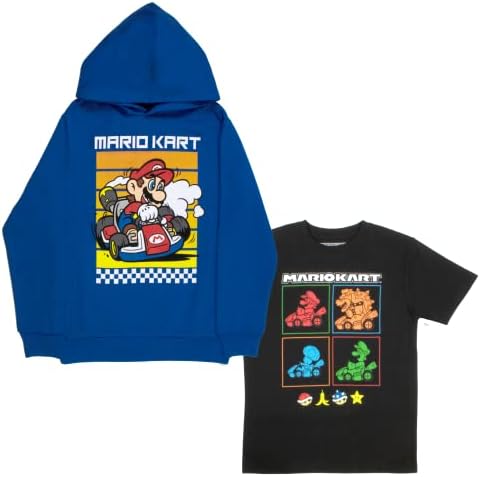 Nintendo Super Mario Hoodie and T-Shirt Combo 2-Pack for Boys, Boys Super Mario Hooded Sweatshirt and Tee Bundle Set (Blue/Black, Size 5/6)