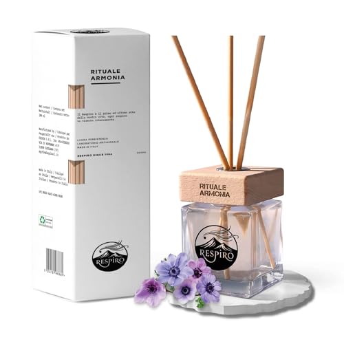 RESPIRO Since 1986 - Ritual Armonia - Difusor de ambiente con varillas de 200 ml, notas cabeza bergamota - menta, corazón lavanda - peonía marítima, fondo madera sándalo - vainilla, esencia fresca